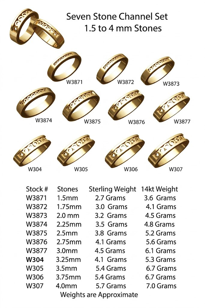 seven stone channel set rings 14kt gold